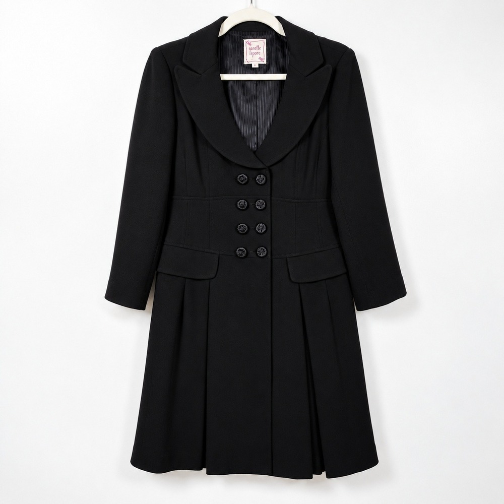 Nanette Lepore Black Double Breasted Coat Dress Size 8 Pleated Romantic 90s